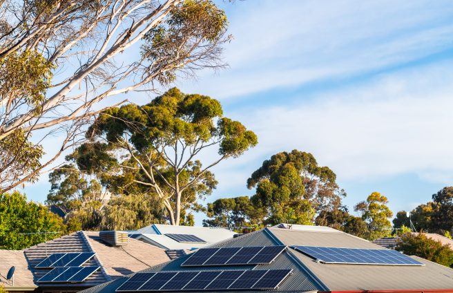 House roofs with solar panels installed in suburban area of South Australia