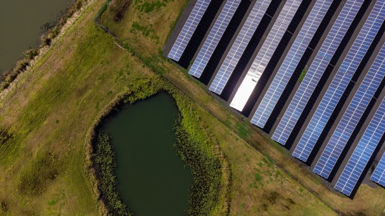 Aerial view of solar panels in the countryside